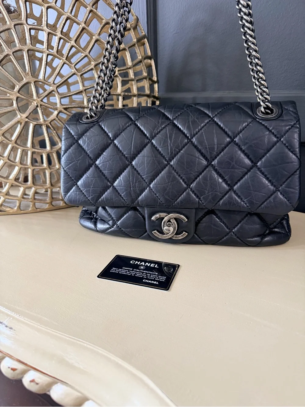 Chanel Shoulder Flap Bag Black Quilted Lambskin w/burgundy | Ruthenium Hardware